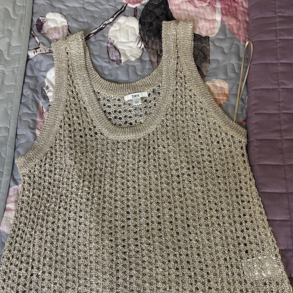 Bar III Metallic Crochet Tank Top in Champagne
